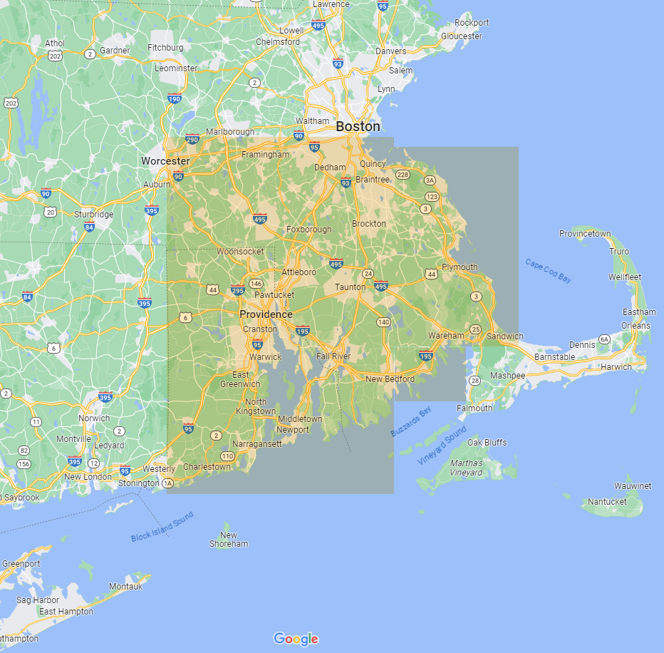 Map of the Highland Fence service area in Massachusetts and Rhode Island